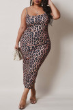 Brown Fashion Sexy Leopard Backless Spaghetti Strap Long Dress Plus Size Dresses