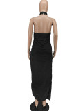 Zwarte elegante effen patchwork backless split-halter rechte jurken