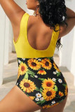 Costume da bagno giallo moda sexy con stampa fasciatura patchwork scollo a V taglie forti