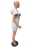 ホワイトファッションカジュアルレタープリントベーシックフード付きカラー半袖ドレスドレス
