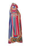 Flerfärgat mode avslappnat tryck Enkel turndown-krage långärmade klänningar (utan midjekedja)