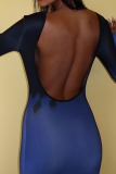 Blå sexig tryck rygglös fyrkantig krage pennkjol klänningar