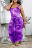 Fuchsia Casual Print Tie Dye Patchwork U Neck One Step Skirt Dresses