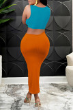Оранжевое модное сексуальное лоскутное платье без рукавов с открытой спиной и V-образным вырезом