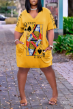 Vestidos retos amarelos com estampa casual patchwork decote em v