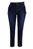 ディープブルーファッションカジュアルソリッド包帯くり抜かれたプラスサイズのジーンズ