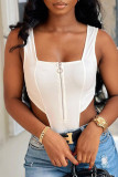 White Sexy Solid Patchwork Zipper Square Collar Regular Bodysuits