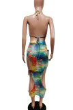 Multicolor Sexy Print Hollowed Out Patchwork See-through Halter Sleeveless Two Pieces