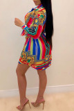 Multicolor Fashion Casual Print Basic Turndown Collar Long Sleeve Dresses(Without Waist Chain)