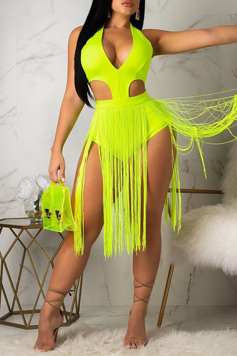 

Fluorescent Green Sexy Solid Tassel Hollowed Out Split Joint Swimwears