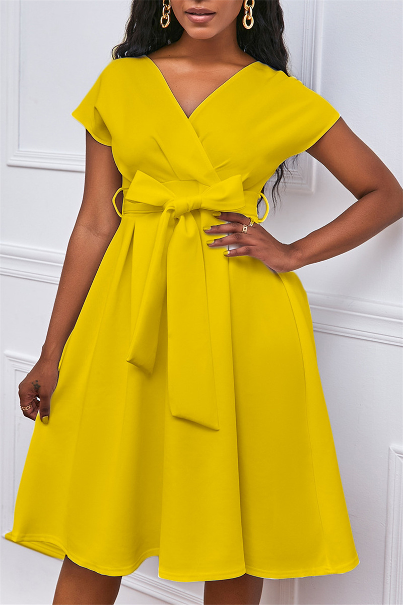 

Yellow Fashion Casual Solid With Bow V Neck A Line Dresses