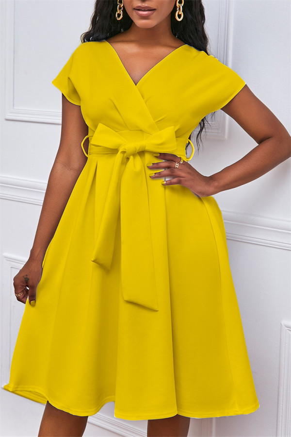 黄色のファッションカジュアルソリッドボウVネックAラインドレス