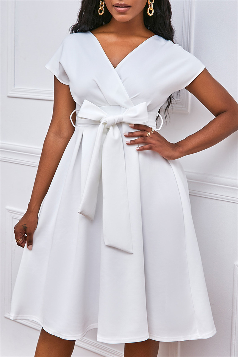 

White Fashion Casual Solid With Bow V Neck A Line Dresses