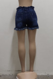 Donkerblauwe mode casual effen kwastje gescheurde hoge taille regular denim shorts