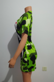 Grönt modetryck lapptäcke raka klänningar med o-hals