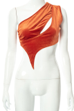 Oranje sexy effen patchwork tops met één schouder