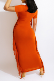 タンジェリンレッドファッションプリントパッチワークレターOネックペンシルスカートドレス
