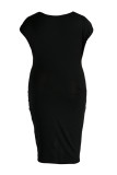 Schwarzes, modisches, sexy, solides, ärmelloses Kleid mit V-Ausschnitt in Übergröße