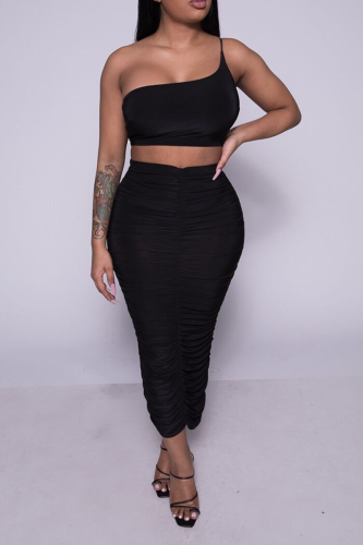 Black Sexy Solid Patchwork One Shoulder Sleeveless Two Pieces