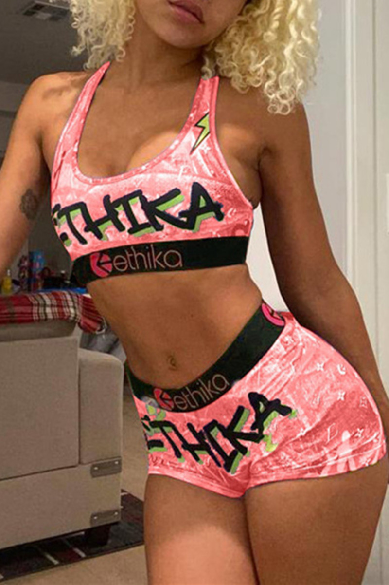 

Pink Casual Sportswear Print Vests U Neck Sleeveless Two Pieces