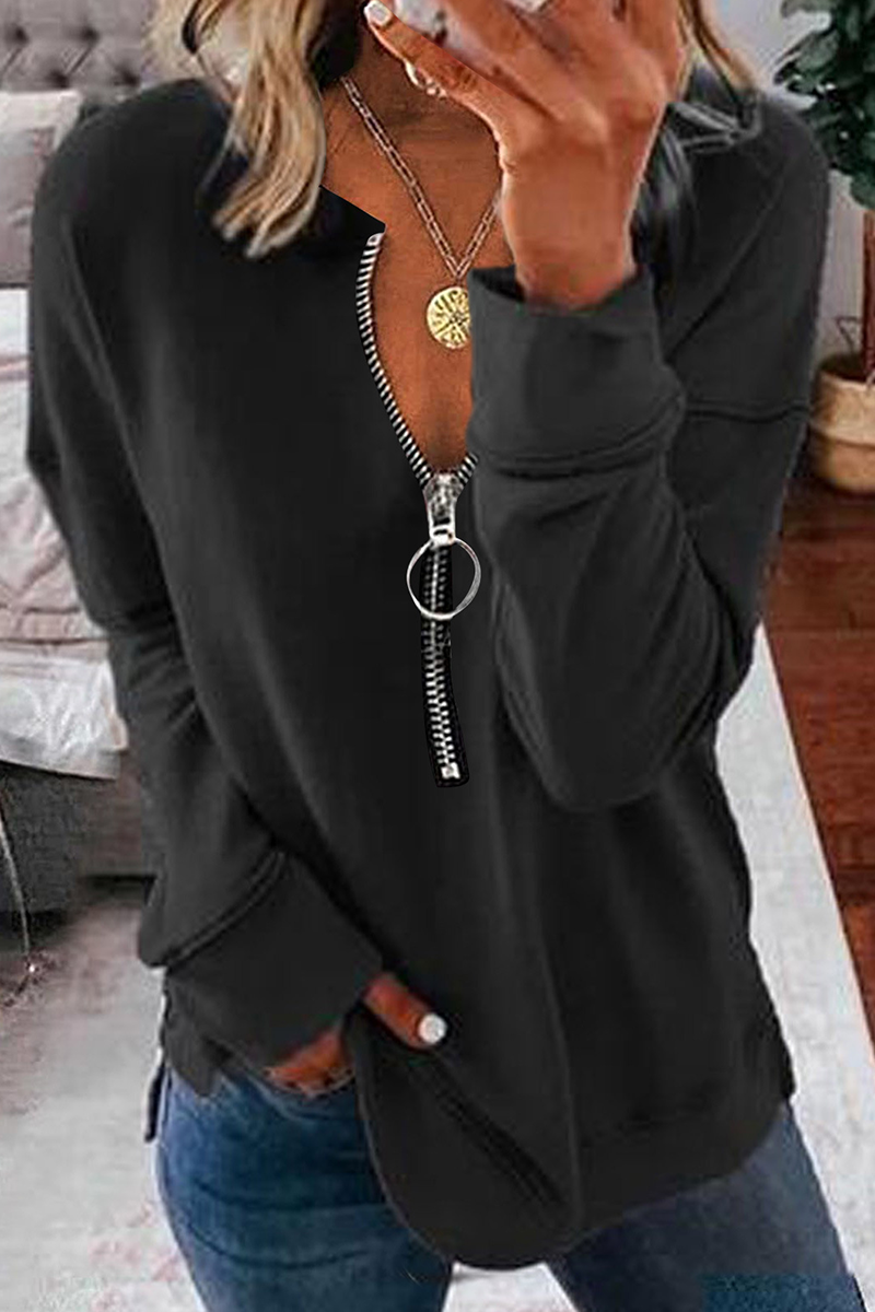 

Black Casual Solid Split Joint Zipper Collar Tops
