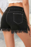 Pantalones cortos de mezclilla rectos de cintura alta con borlas sólidas informales de moda negro