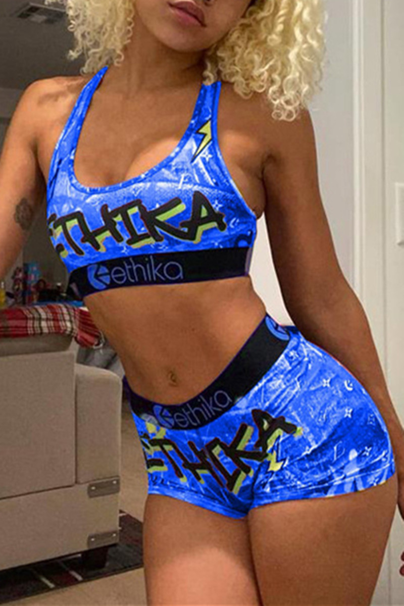 

Blue Casual Sportswear Print Vests U Neck Sleeveless Two Pieces