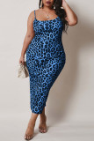 Blå Mode Sexig Leopard Backless Spaghetti Strap Lång Klänning Plus Size Klänningar