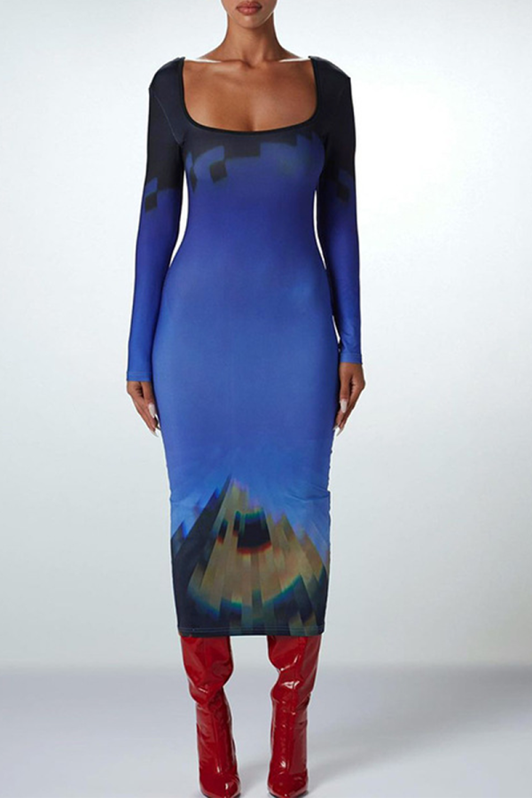 Blå sexig tryck rygglös fyrkantig krage pennkjol klänningar