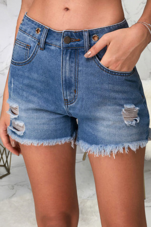 Blue Fashion Casual Solid High Waist Regular Raw Hem Tassel Ripped Denim Shorts