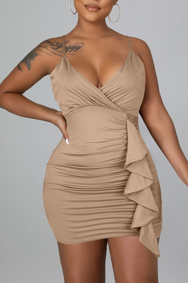 Khaki Sexy Solid Patchwork Flounce Spaghetti Strap Sling Dress Dresses