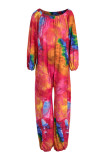 Rose Red Fashion Casual Tie Dye Printing Off-shoulder Regular Jumpsuits
