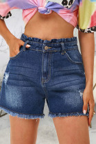 Dark Blue Fashion Casual Solid Tassel Ripped High Waist Regular Denim Shorts