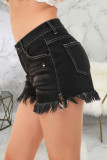 Pantalones cortos de mezclilla rectos de cintura alta con borlas sólidas informales de moda negro