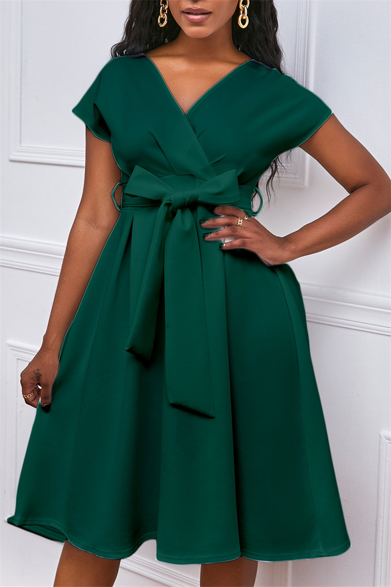 

Green Fashion Casual Solid With Bow V Neck A Line Dresses