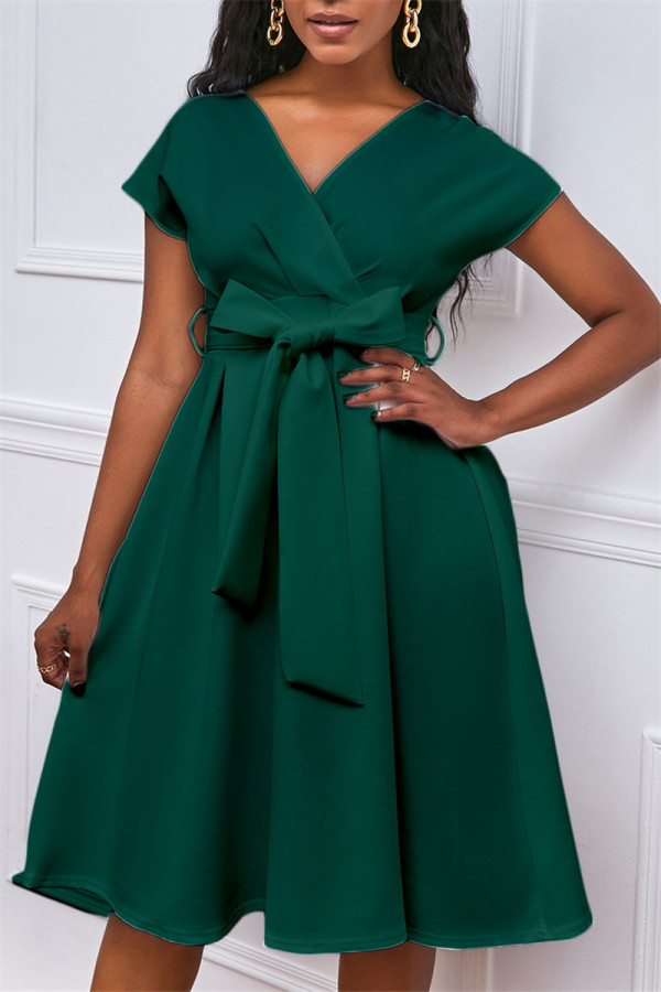 Vert Fashion Casual Solide Avec Bow V Neck A Line Robes