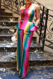 Многоцветный модный сексуальный полосатый принт с открытой спиной без бретелек без рукавов из двух частей