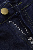 Diepblauwe modieuze casual effen bandage uitgeholde jeans met grote maten