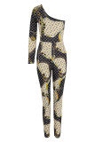 Lila Sexy Print Patchwork One Shoulder Skinny Jumpsuits