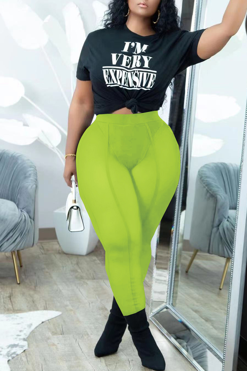 

Fluorescent Green Fashion Casual Letter Print See-through Pants O Neck Short Sleeve Two Pieces