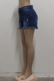 Blauwe mode casual effen kwastje gescheurde hoge taille regular denim shorts