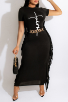 Vestidos de falda de lápiz con cuello en O de letras de retazos con estampado de moda negro