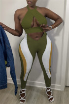 Травяно-зеленый модный сексуальный лоскутный сплошной вырез с открытой спиной Холтер без рукавов из двух частей