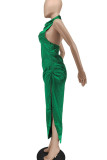 Verde elegante sólido retalhos sem costas fenda halter vestidos retos