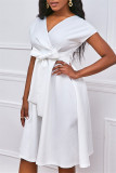 Wit mode casual effen met strik V-hals A-lijn jurken