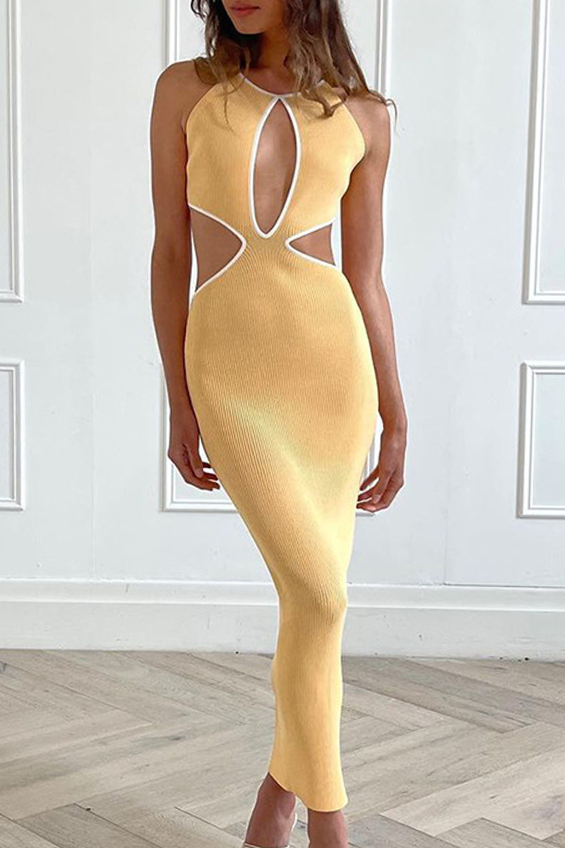 

Yellow Sexy Solid Hollowed Out Halter Pencil Skirt Dresses