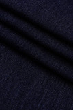 Calça jeans tamanho grande azul escuro moda casual com bandagem sólida vazada