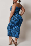 Blauwe mode sexy luipaard backless spaghetti band lange jurk plus size jurken