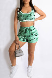 Green Casual Sportswear Print Patchwork U Neck Sleeveless Two Pieces