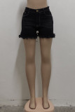 Black Fashion Casual Solid Tassel High Waist Straight Denim Shorts